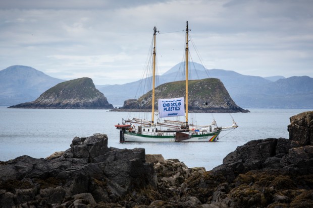 Greenpeace ship Beluga II off the coast of the Shaint Isles