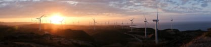 Silhouetted wind turbines against a setting sun