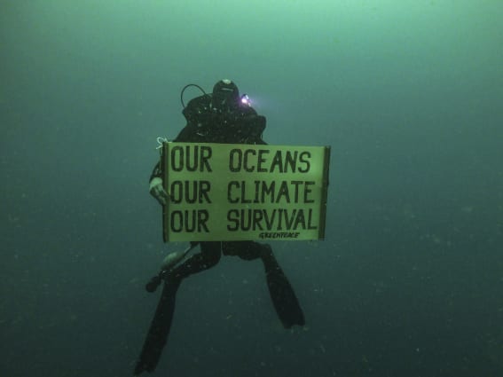 Diver holding a Greenpeace banner saying "Our Oceans, Our Climate, Our Survival".