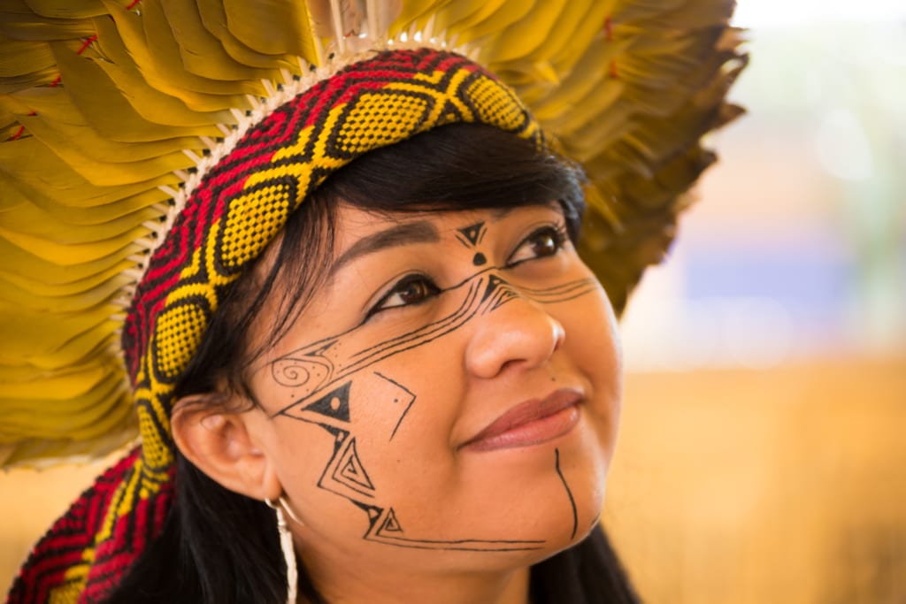 A picture of Célia Xakriabá with her face painted with Indigenous markings and a yellow feather headdress