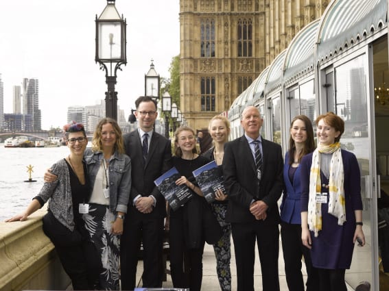 A row of smartly dressed people stand on the terrace of the UK's parliament building