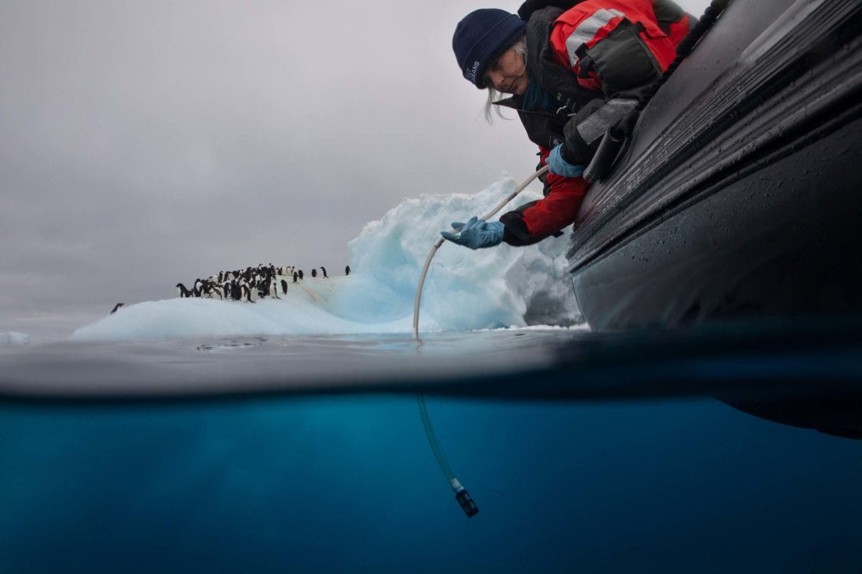 A woman leans over the side of an inflatable boat to dip a sampling instrument into icy ocean water. An iceberg is visible in the background.
