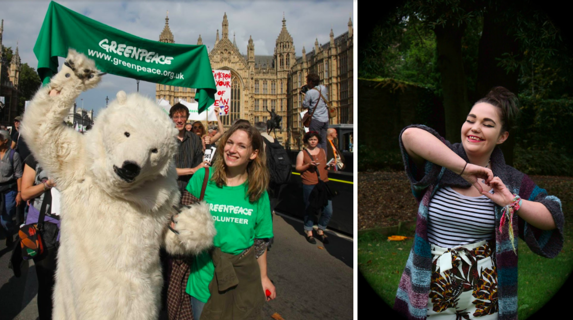 Montage showing returning volunteer Jess at the People's Climate March in 2014, and new volunteer Zoe smiling and making a heart shape with her hands.