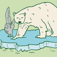Illustration of a polar bear and - for some reason - an owl standing on an ice floe