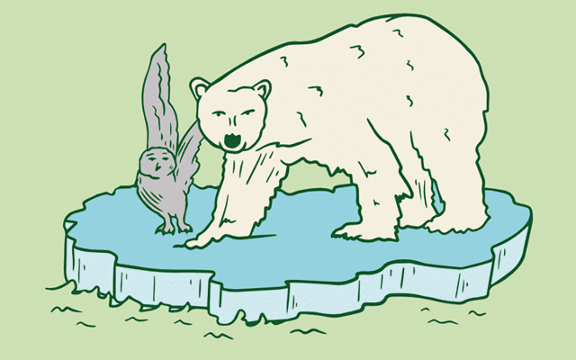 Illustration of a polar bear and - for some reason - an owl standing on an ice floe
