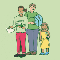 Illustration of three people in Greenpeace tops holding a book, a ballot box and a cupcake, for reasons that are unclear
