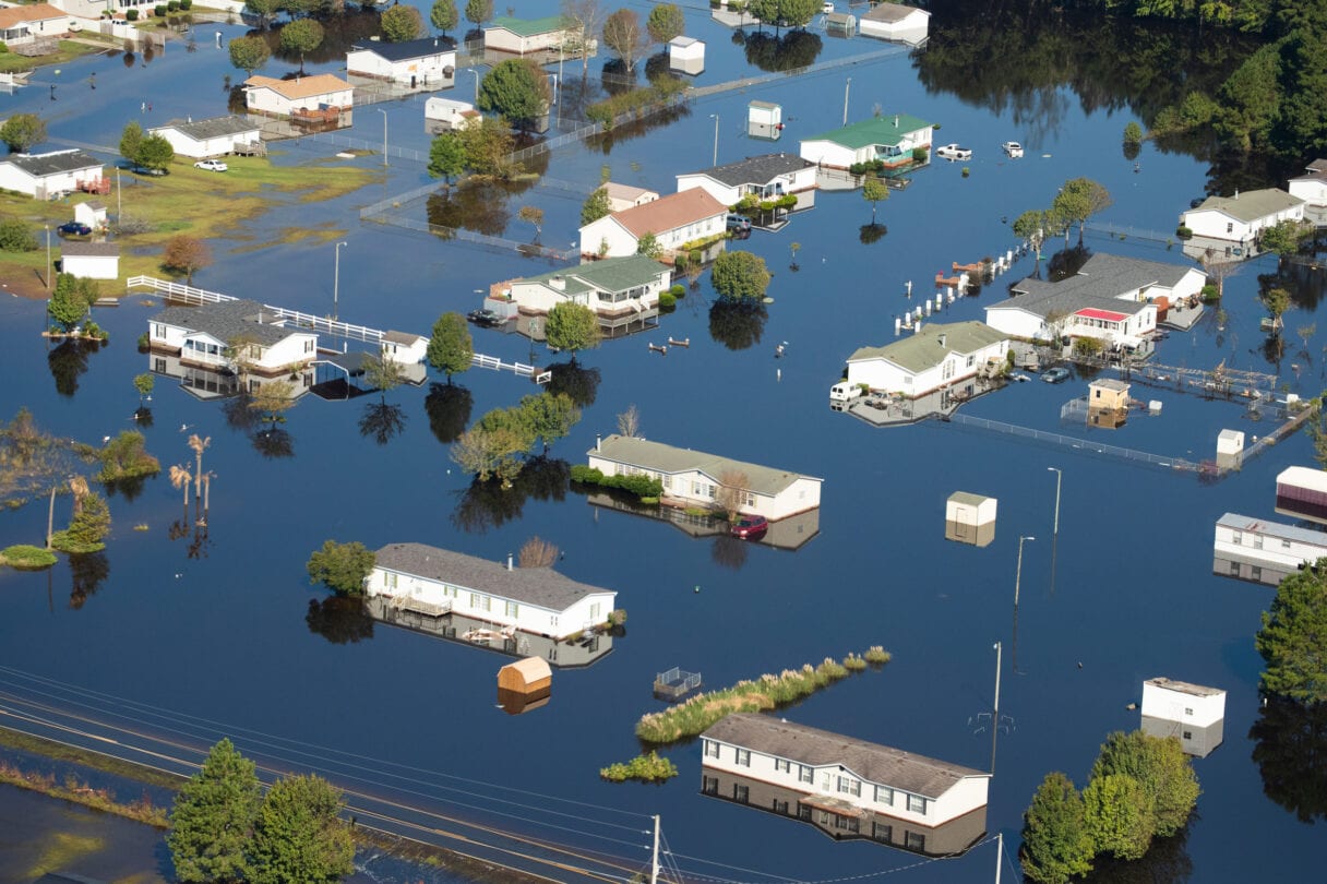 Aerial view of flooded houses