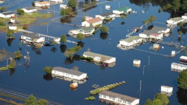 Aerial view of flooded houses