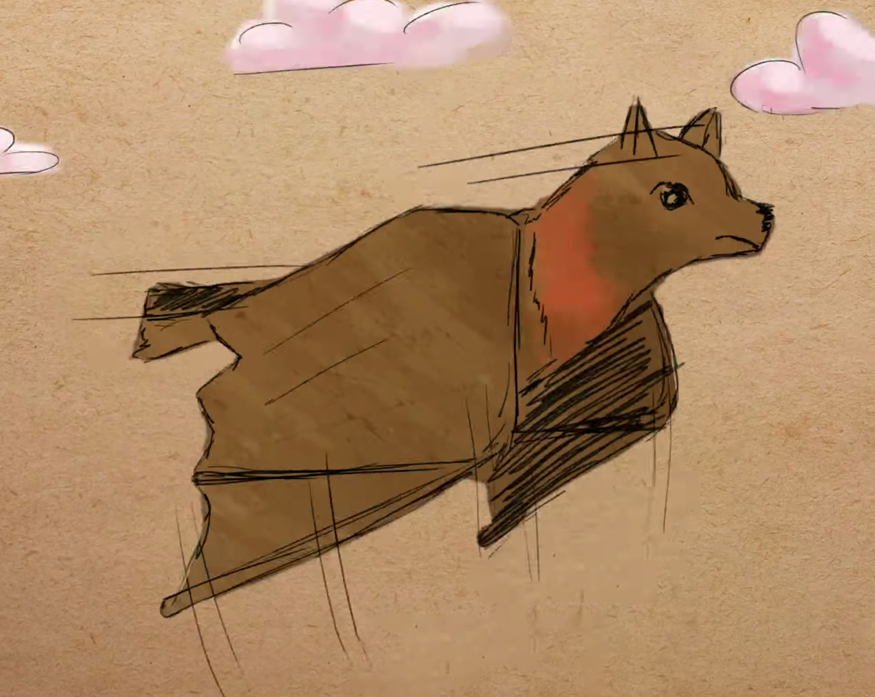 Illustration of an extinct guam flying fox. It looks like a giant bat, with a red patch on its brown body.