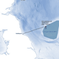 A map showing part of the North Sea, with Dogger Bank highlighted. An overlay shows the movements of a fishing vessel, and highlights where it switched off its AIS tracking system.