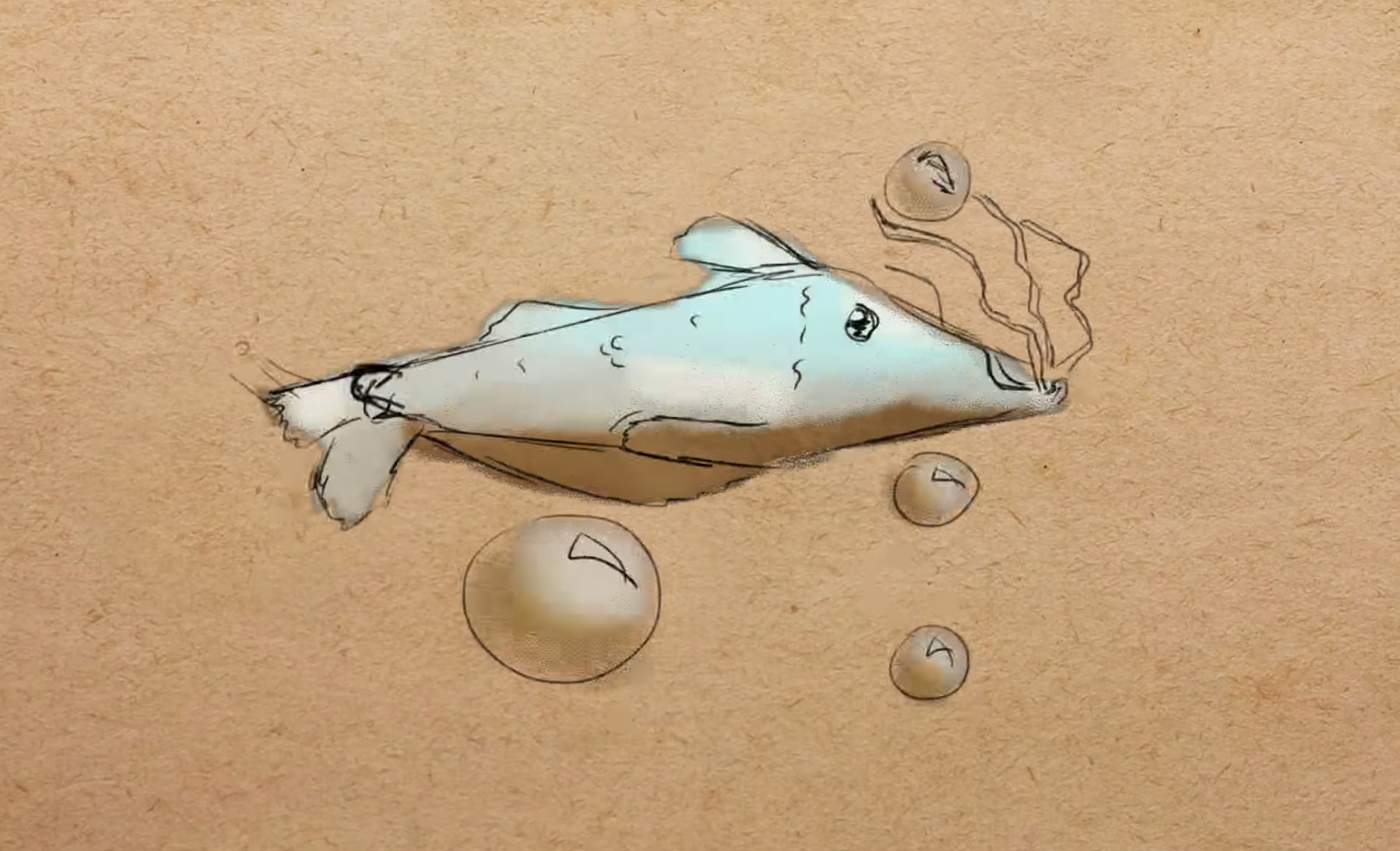 Illustration of an extinct siamese flat barbelled catfish. It's blue-ish silver with extravagant whiskers