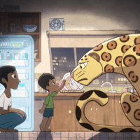 Still from an animation showing a mother and child in a kitchen at night. The child is reach up towards a giant jaguar that's sitting on the floor looking vexed