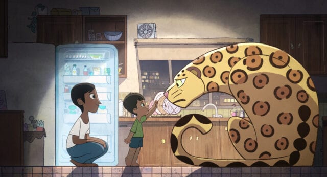 Still from an animation showing a mother and child in a kitchen at night. The child is reach up towards a giant jaguar that's sitting on the floor looking vexed