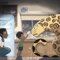 Screenshot from Greenpeace's Monster animation showing a child and parent standing face to face with a jaguar in their kitchen at home