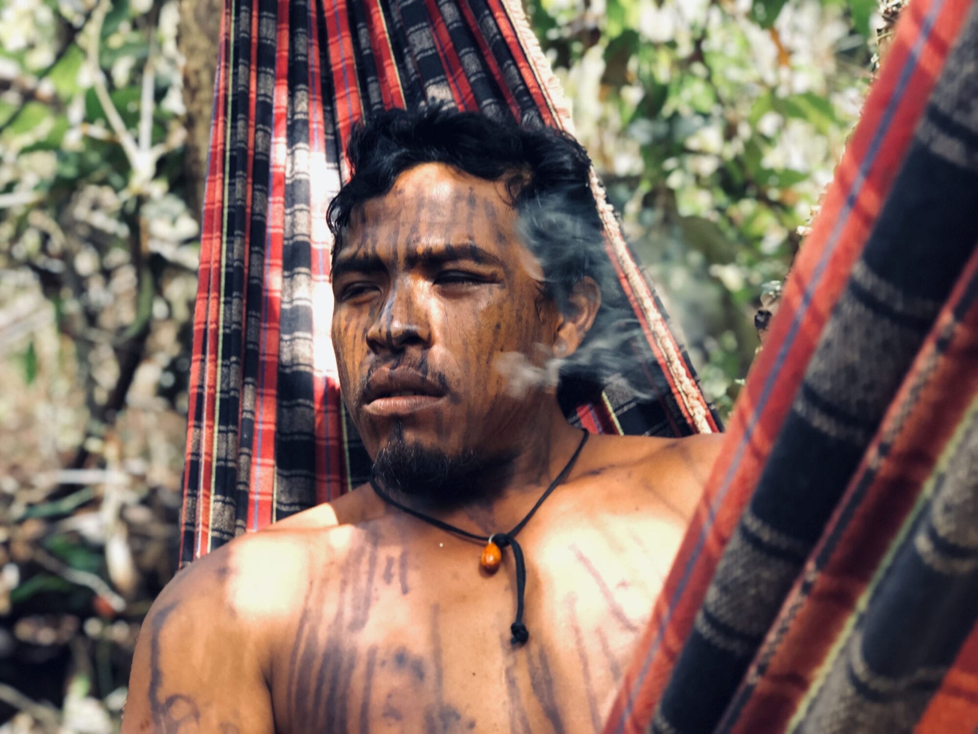 A young man with light brown skin sits in a colourful hammock, amongst thick foliage. He's topless, and his face and torso are painted or tattood in a vertical stripe pattern. He looks past the camera with a thoughful expression.