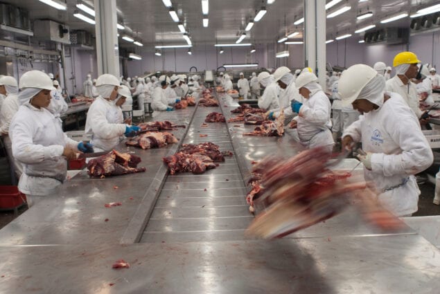 Workers in overalls cut up pieces of meat on a stainless steel production line