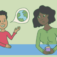 Illustration of a child speaking to an adult. The child's speech bubble shows the Earth.