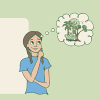 Illustration of a young woman with a thought-bubble showing a forest