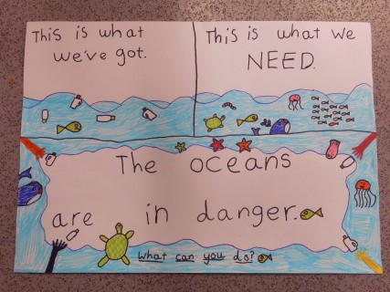 Poster drawn by a school pupil calling for better ocean protection. Features a comparison of 'what we've got' and 'what we need'.