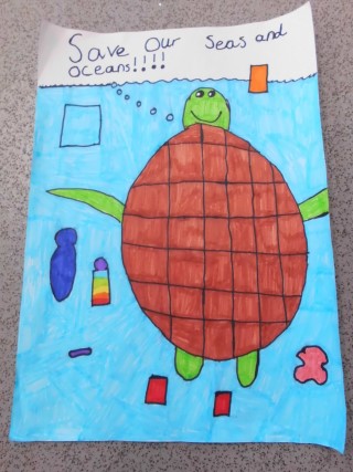 Poster drawn by a school pupil calling for better ocean protection. Features a turtle swimming amongst discarded bottles and other pollution.