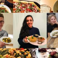 Photo montage shows people holding up their vegan dishes and smiling at the camera, with closeups of other vegan dishes above and below
