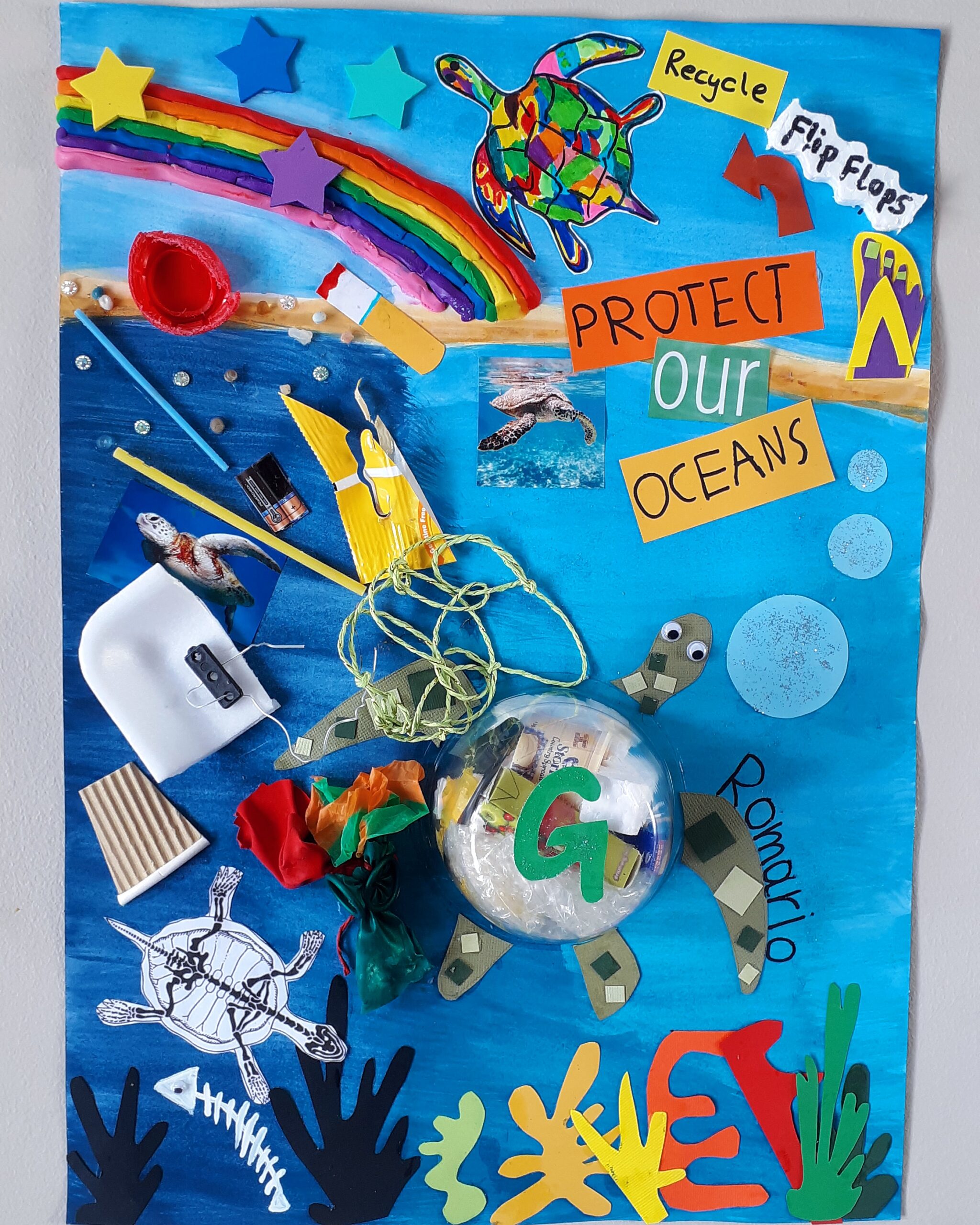 A striking collage poster featuring a 'Protect our oceans' slogan, pieces of single-use plastic, a plasticine rainbow, various turtles, a fish skeleton and colourful seaweed