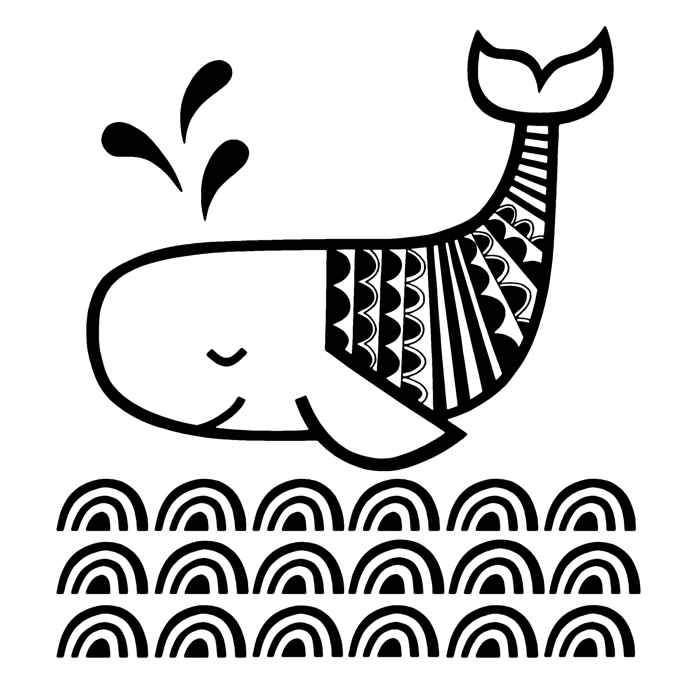 A monochrome black line drawing of a whale on white background. The whale has a little smile and a closed eye, and three black water drops coming from her blowhole. The back end of the whale is decorated with a pattern of semicircles in stripes and there are similarly regularly patterned waves made up of concentric semi-circles underneath, layered in three lines on top of each other.