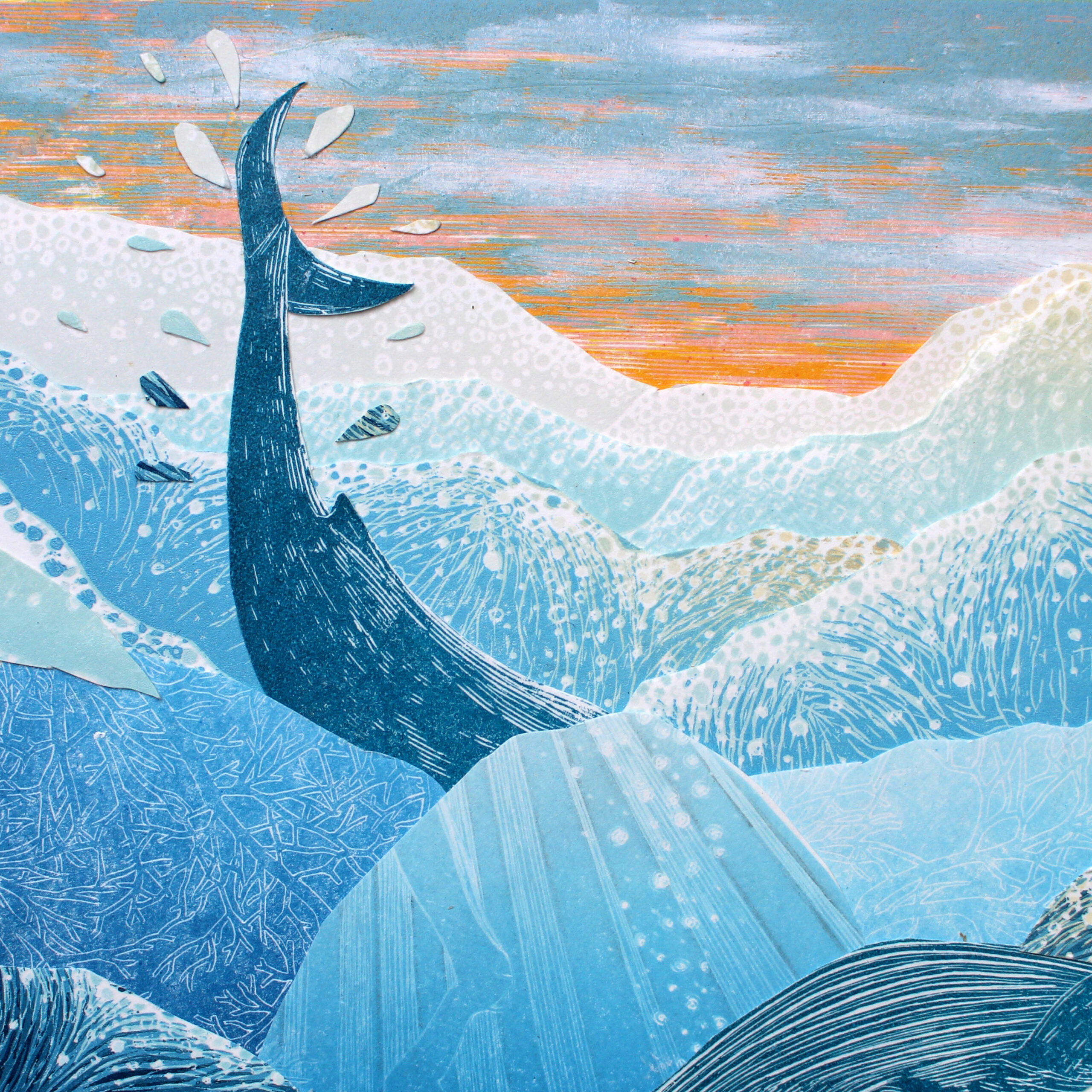 A dark blue whale tail splashing out of the top of blue waves with many different textures and tones, that appear almost mountainous, with an orange and blue and white sky in the background.