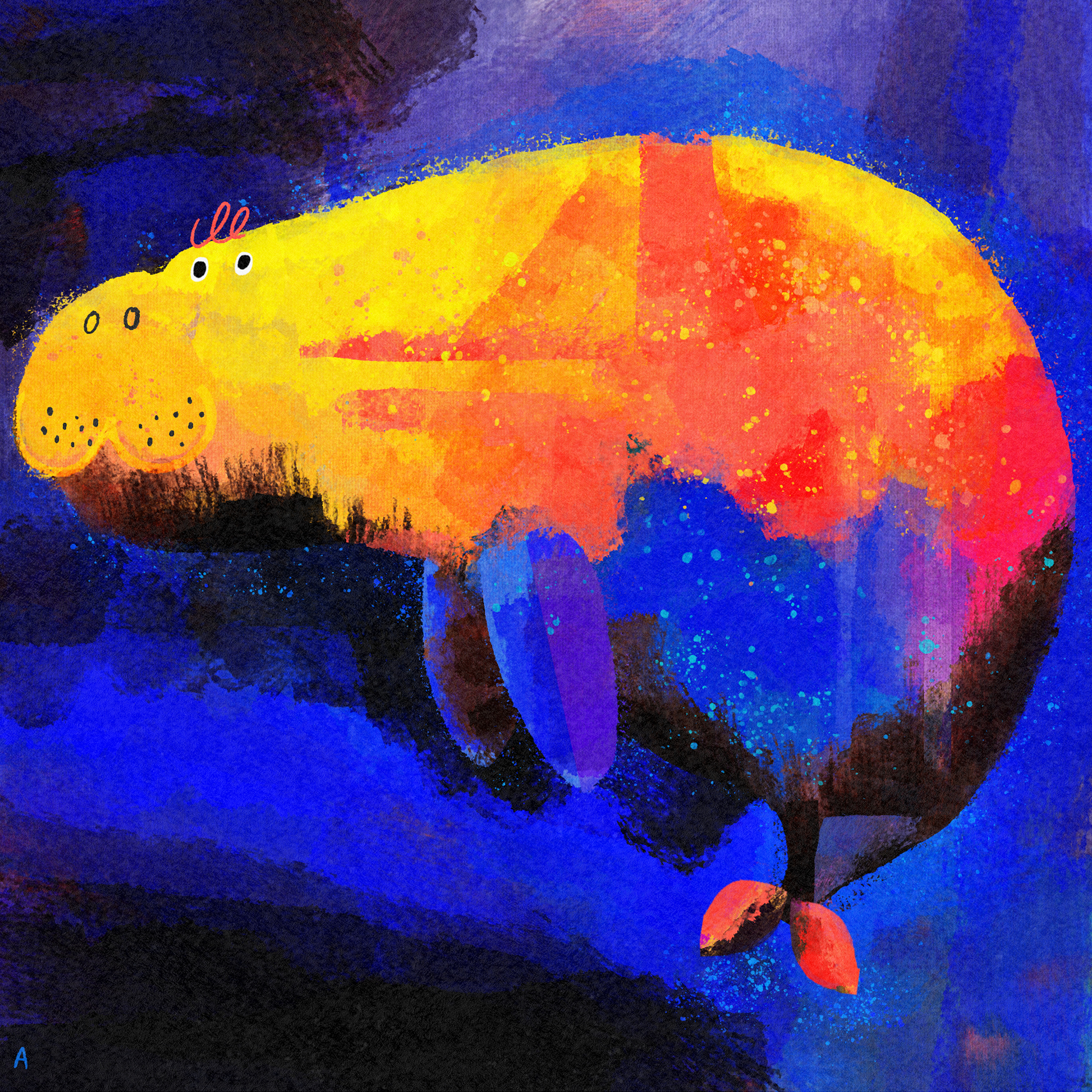 Very colourful painted dugong on a blue background. The red, orange and yellow paint is in broad strokes, with the dugong's cat or dog shaped muzzle drawn in detail with pen, including eyes, nostrils and little whisker-dots. 