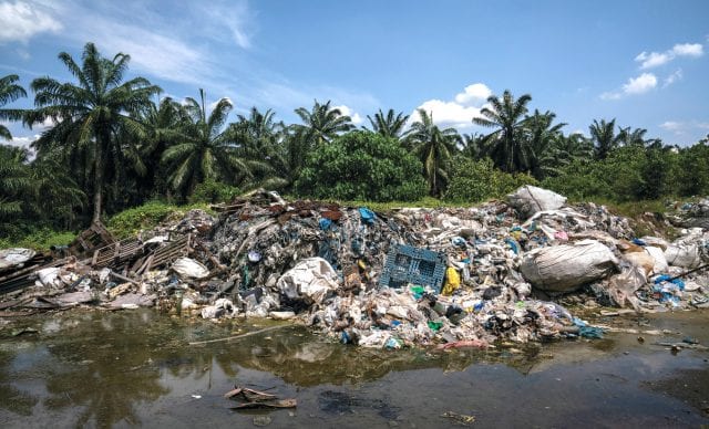 A pile of plastic waste sits next to a lake or river, with palm trees in the background.