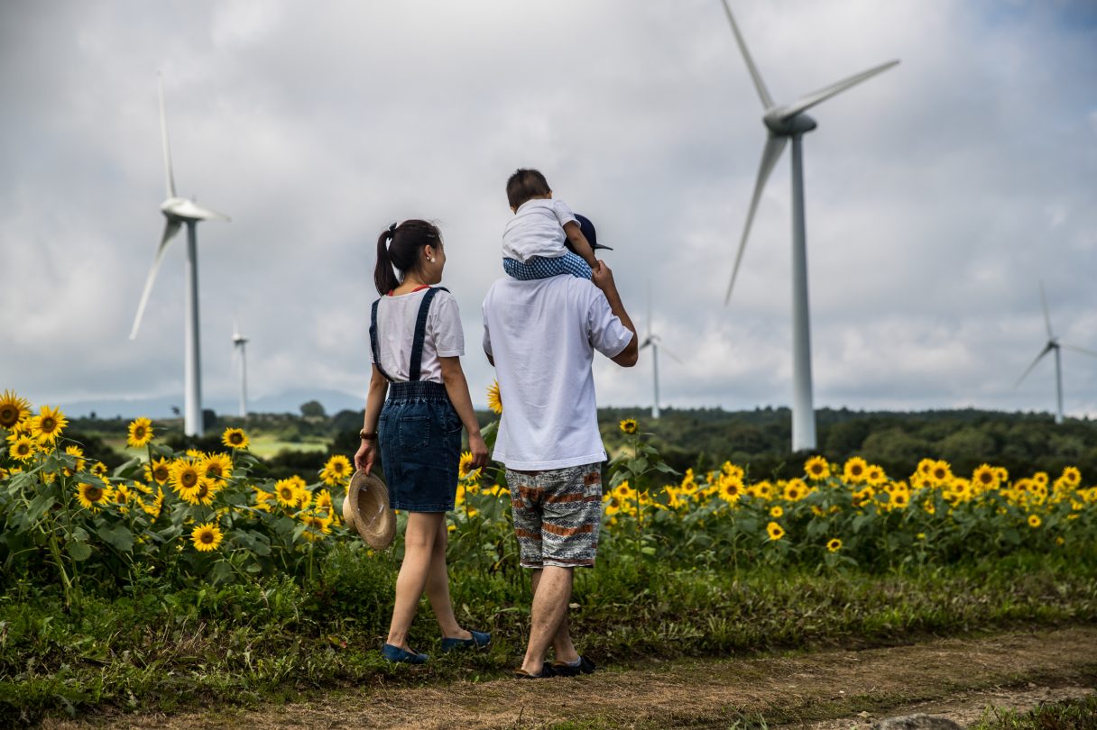 Two adults, one with a child on their shoulders, walk through a field of sunflowers with wind turbines generating renewable energy in the background.