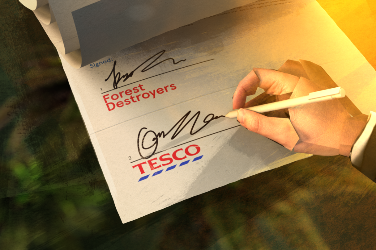 A still from the Tesco's burning secret film, an animated hand signing a contract on behalf of Tesco with the other party labelled Forest Destroyers