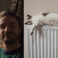 Photo montage shows a heat pump owner smiling and giving the thumbs-up in front of his heat pump, and a white cat sleeping on top of a domestic radiator