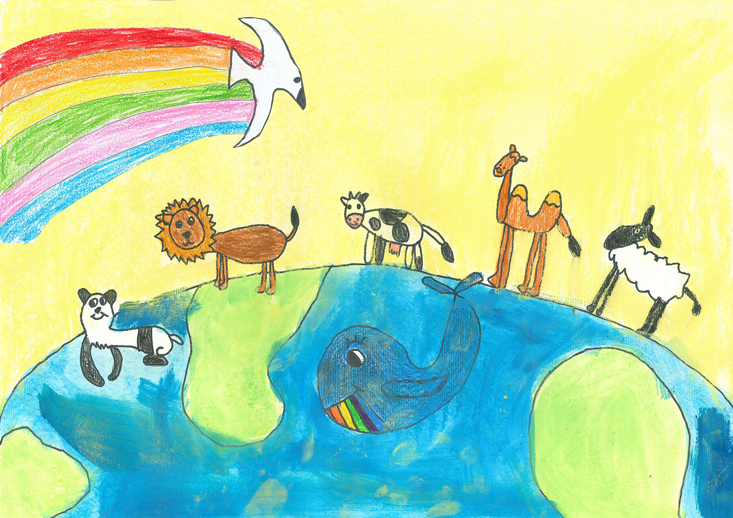 A child's tshirt design showing various cartoon animals lined up on top of a stylised globe