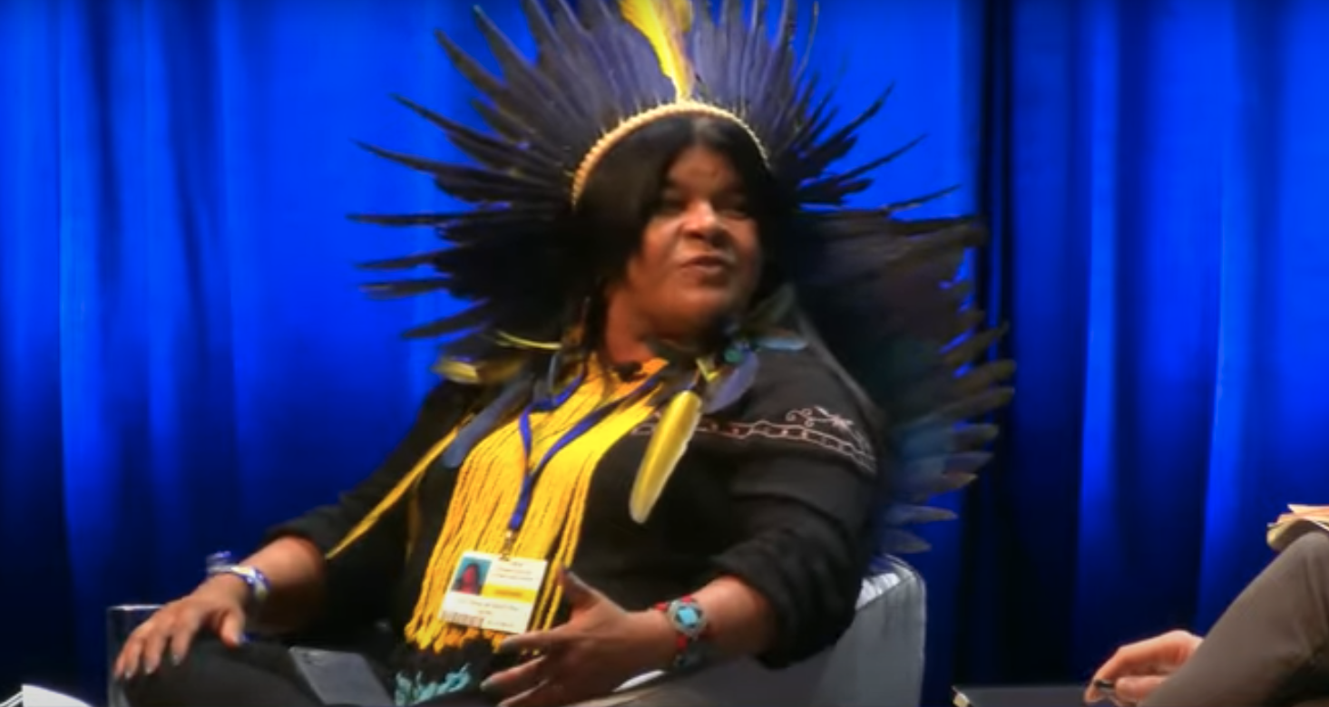 Indigenous leader Sônia Guajajara seated in front of a blue curtain, gesticulating as she delivers her speech