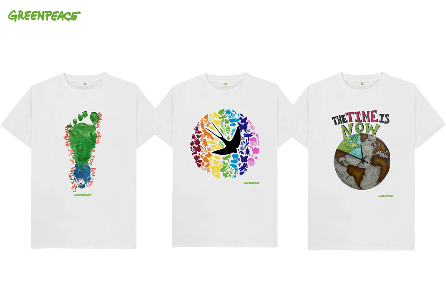 Three white tshirts decorated with designs submitted for the competition