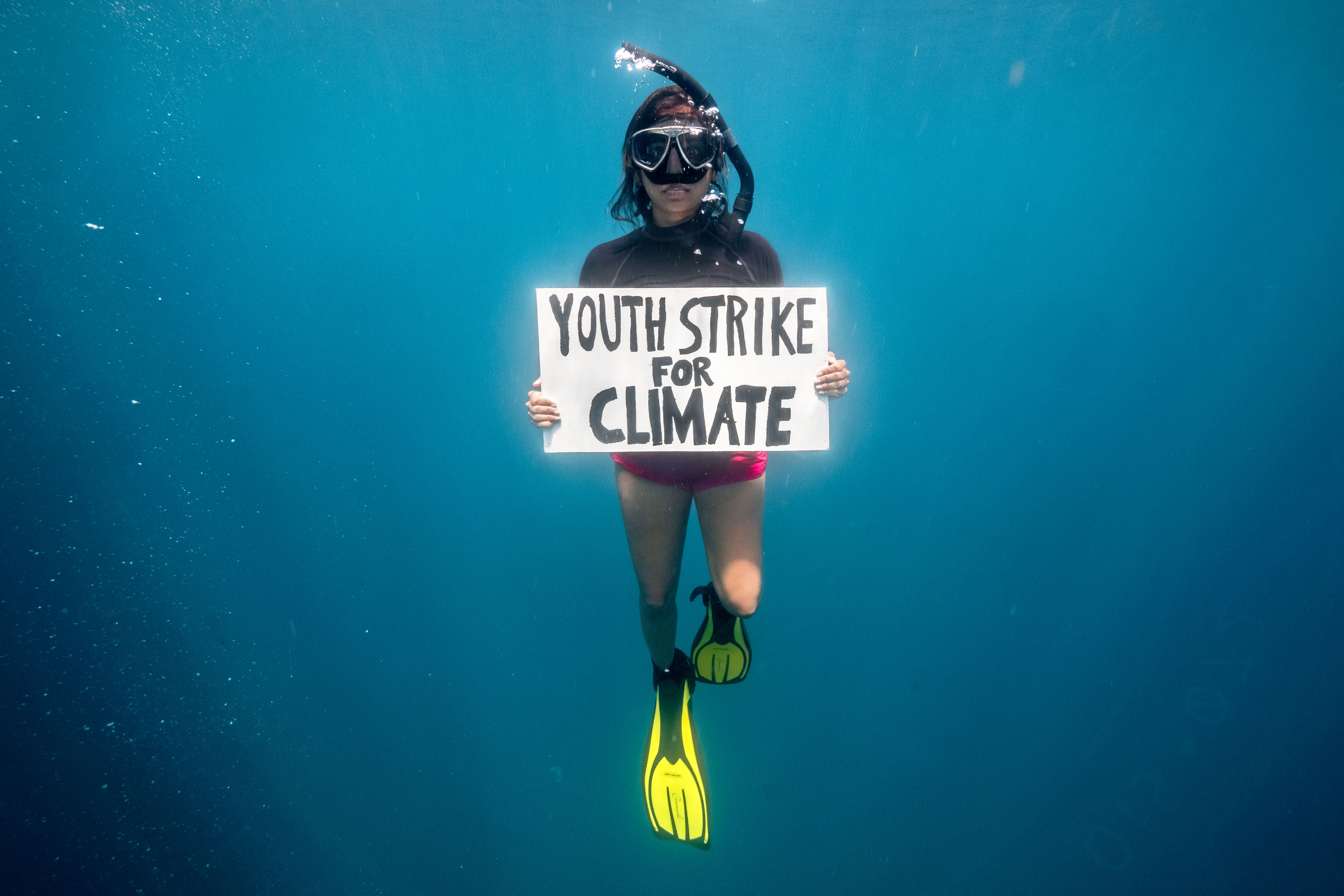 Suspended in a clear blue ocean, an activist in a snorkel, fins, rash vest and shorts holds up a sign reading 'Youth strike for climate'.
