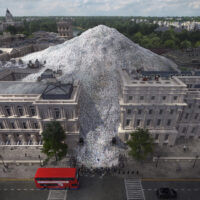 Realistic computer rendering shows an aerial view of ornate municipal buildings dwarfed by a gigantic pile of plastic waste. A red London bus drives down the road in the foreground.