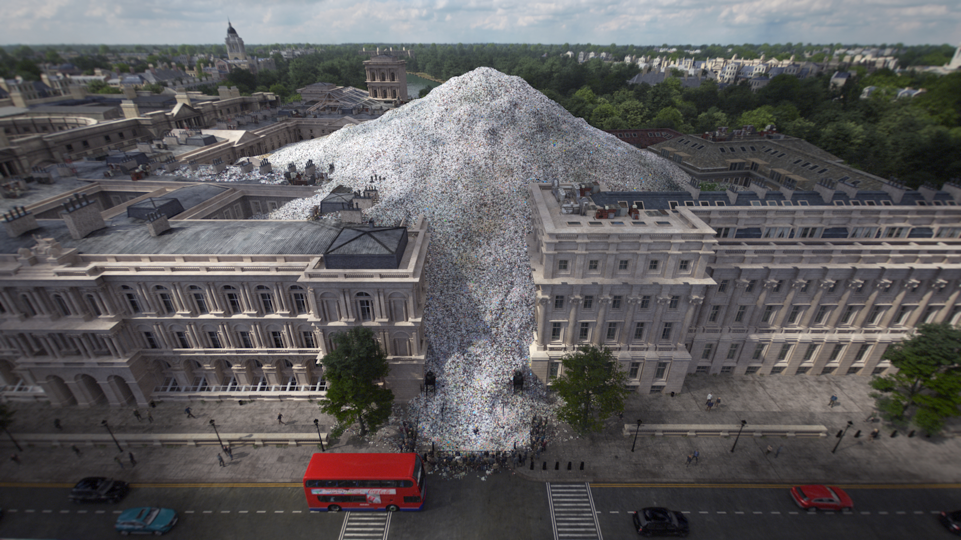 Realistic computer rendering shows an aerial view of ornate municipal buildings dwarfed by a gigantic pile of plastic waste. A red London bus drives down the road in the foreground.