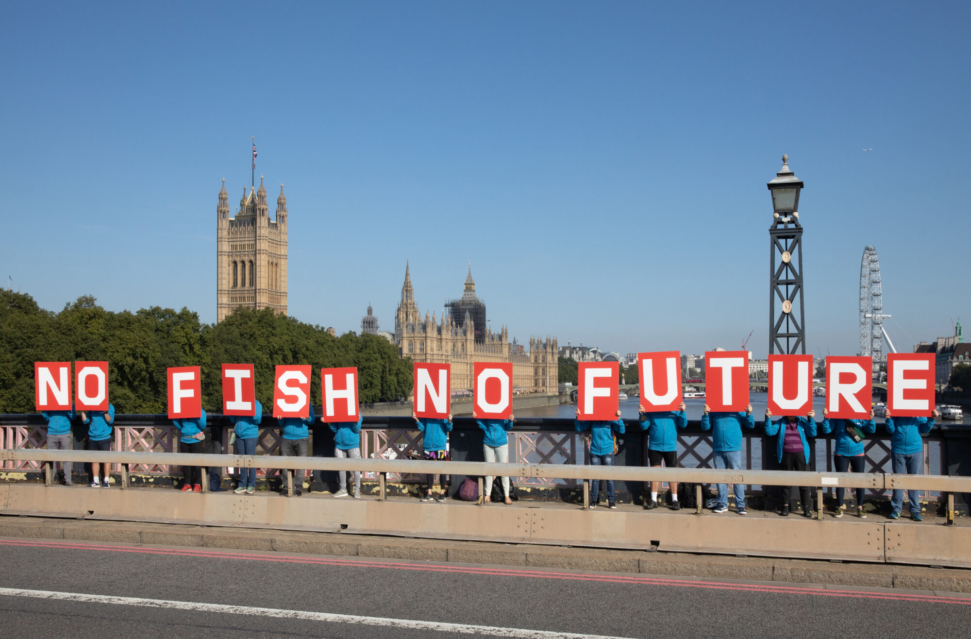 A group of activists hold up a sign reading "No Fish No Future". The Houses of Parliament can be seen behind them