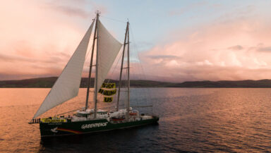 Aerial view of Greenpeace ship, the Rainbow Warrior, on the water at sunset. Between the sails is a large banner reading "Stop Failing Us". Hills can be seen in the background.