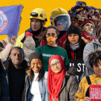 Photo montage showing cutout photos of dozens of people who've been involved with Greenpeace in 2021. Youth activists holding signs, offshore workers in hart hats, artists in ocean-themed costumes, and investigators in masks can all be seen.