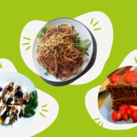 three vegan dishes on a green background