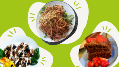 three vegan dishes on a green background