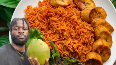 Montage shows a half-smiling David Olu holding up a coconut, with a beautifully presented plate of his jollof rice in the background