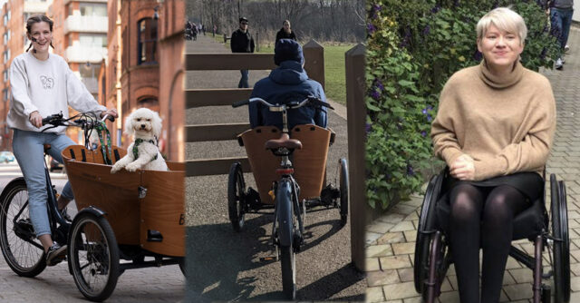 Photo montage shows a young woman on a cargo tricycle with a dog in the front, the same tricycle stuck in a barrier on a footpath, and a young woman in a wheelchair.