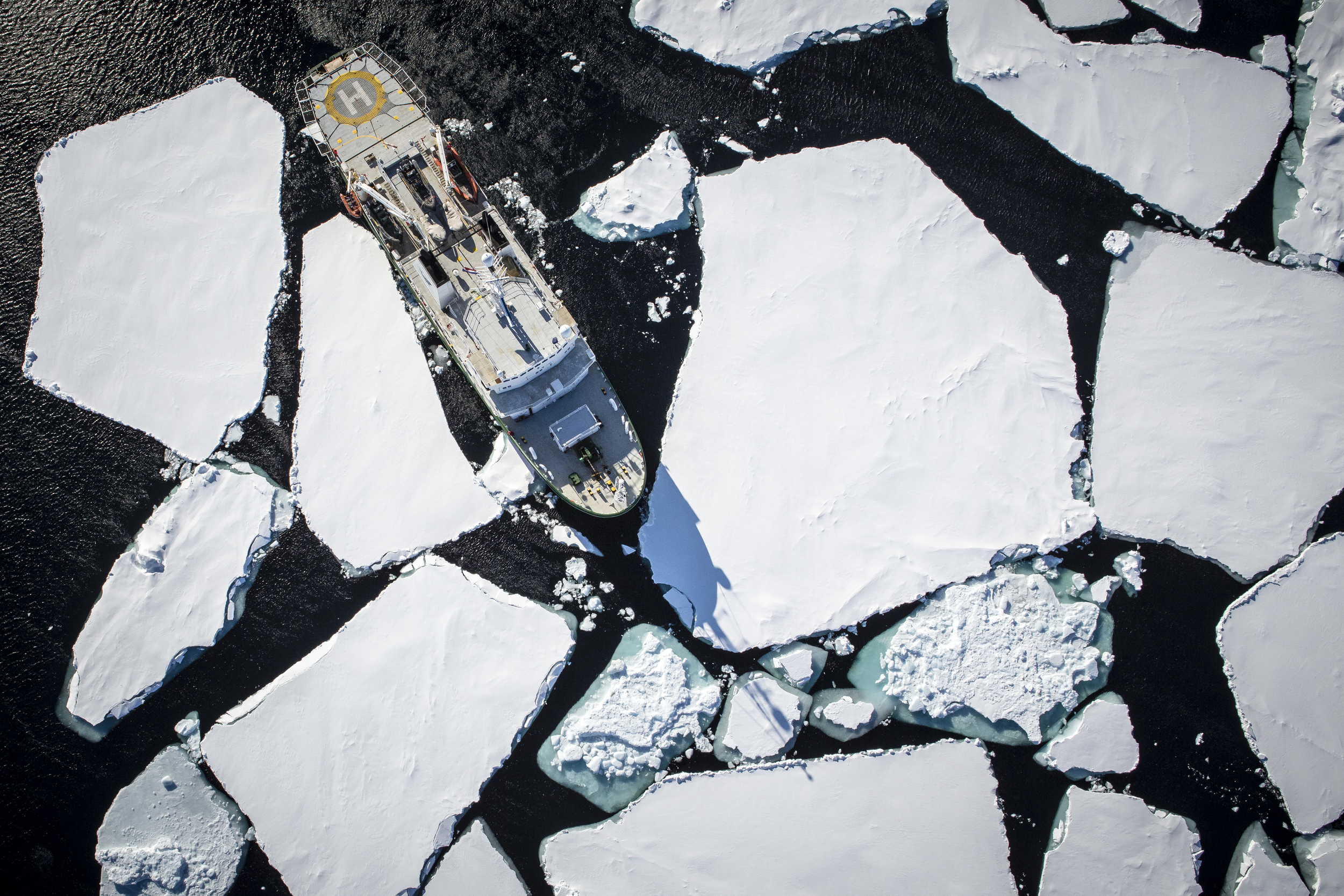 Shows Greenpeace ship Esperanza in the sea ice.