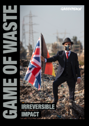 Report cover shows a man in a business suit, bowler hat and gas mask standing on a pile of burned plastic waste. Adopting a satirical colonial pose, he plants large UK and German flags on the pile of rubbish.