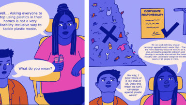 Two panels from a comic showing a conversation between two friends about plastic and disability.