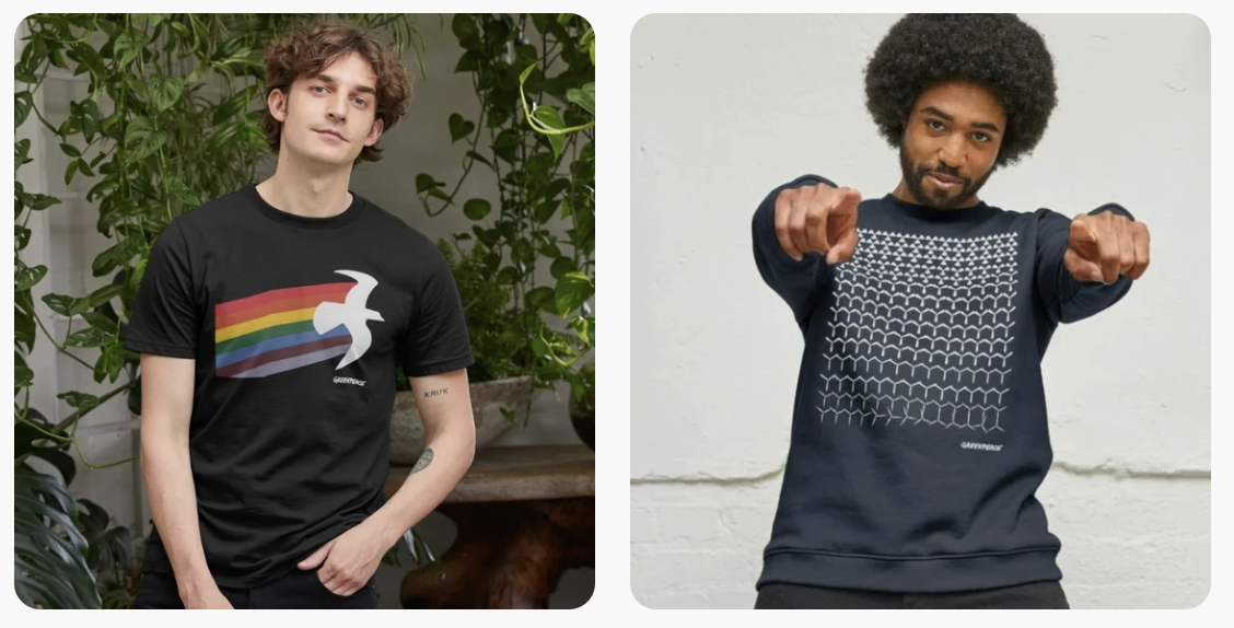 Models wearing Greenpeace tshirts. One shows a dove with a rainbow trailing behind; one shows a nuclear symbol gradually transforming into a wind turbine.